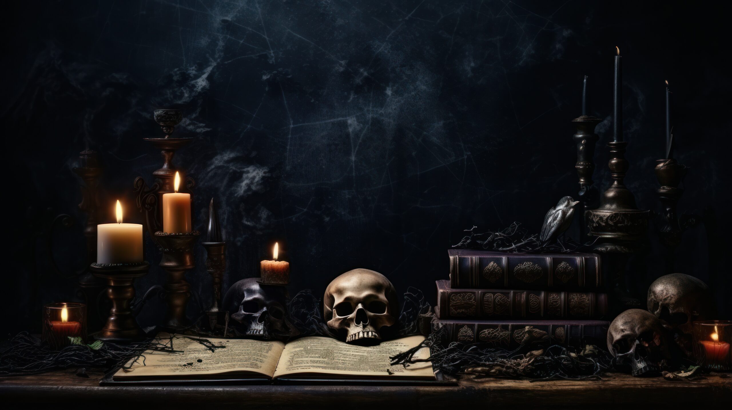 Skull, candles and books on a desk