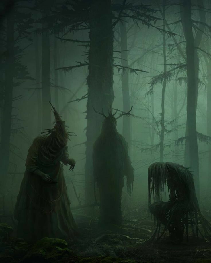 Witch figures in a dark green swamp